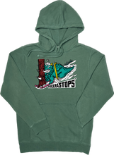 Load image into Gallery viewer, Skiing Tricera&quot;STOPS&quot; Triceratops Dinosaur Pigment Dyed sweatshirt Hoodie