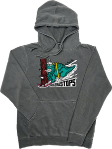 Skiing Tricera"STOPS" Triceratops Dinosaur Pigment Dyed sweatshirt Hoodie