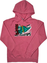 Load image into Gallery viewer, Skiing Tricera&quot;STOPS&quot; Triceratops Dinosaur Pigment Dyed sweatshirt Hoodie